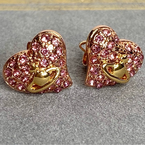 Vivienne Westwood Timy Diamante Heart Earrings Pink and Gold - Picture 14 of 16
